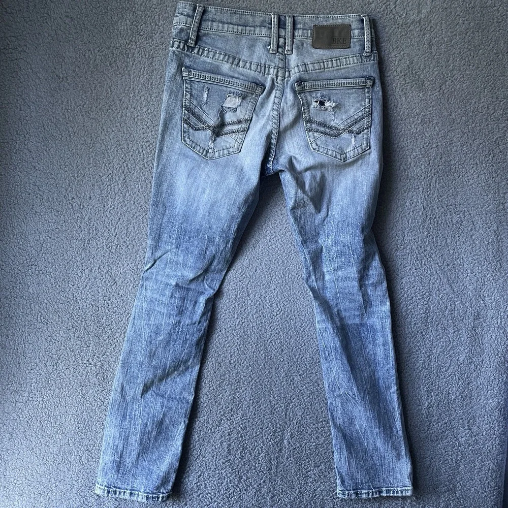 BKE Jake Buckle Denim Jeans Mens 30R 30x30 Regular Straight Distressed Blue